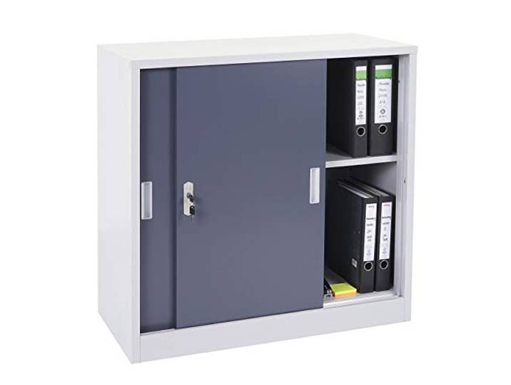 Mendler Aktenschrank Boston HWC-F41 Schiebetüren 90x90x45cm - anthrazit Stahlschrank, Büroschrank, mit abschließbaren