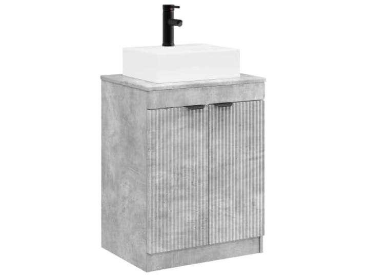Badezimmermöbel-Set, Grau, Beton, Holz, mit Waschbecken und Wasserhahn 2 Türen, 1 Einlegeboden, Waschbecken und Wasserhahn inklusive, große Aufbewahrung, einfache Montage