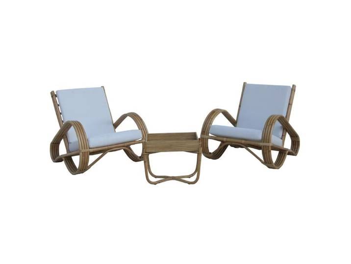 Ensemble de Fauteuils en Rotin Naturel et Table Centrale pour Terrasse Jardin Chillvert Parma 68x83x68 cm avec Coussins Blancs