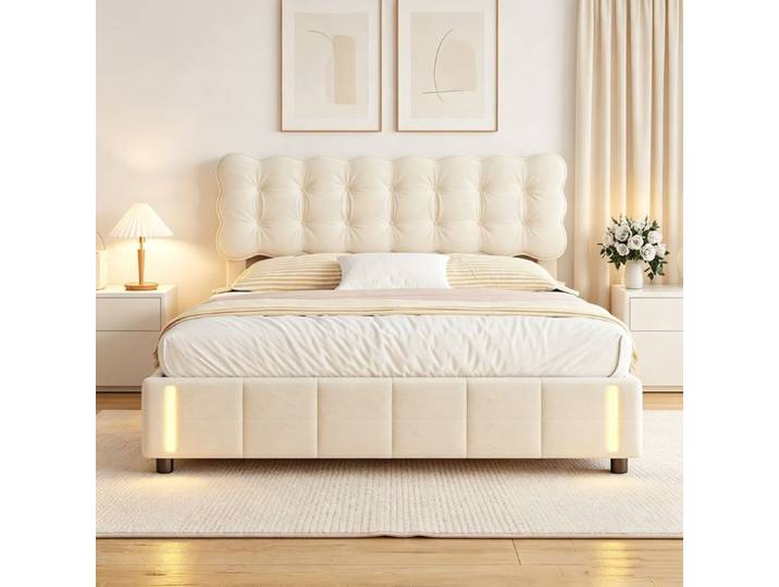 Lit 160x200 avec sommier lit coffre 160x200 cadre de lit 160x200 avec sommier LED lit capitonné tissu en velours beige