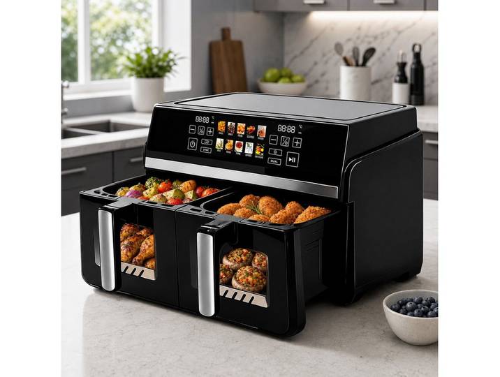 Ledklang Heißluftfritteuse 2 unabhängige Kammern 10L XXL Air fryer 13-in-1 Programm, 2200 W, 2 kammern übereinander, getrennter Temperatur Zeiteinstellung