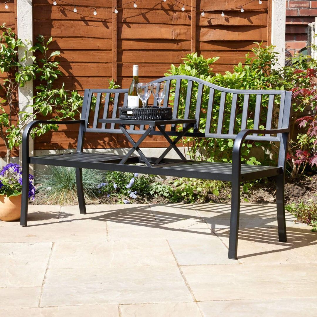 Marlow Home Co. Valletta Metal Outdoor Garden Patio Loveseat Lift Up Table Bench Black 85cm H X 150cm W X 60cm D