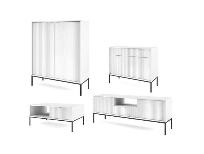 Feldmann-Wohnen Wohnzimmer-Set Nova Weiß / Schwarz 4-teilig, 14 Fächer, Rechteckig, 362x125x68 cm, Wohnzimmer, Wohnwände