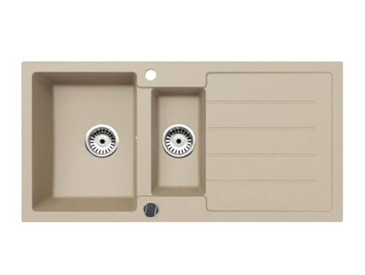 Faizee Home Napoli Granitspüle 100 x 50 cm Beige – Granit Einbauspüle mit Hauptbecken, Zusatzbecken & Abtropffläche Reversibel montierbar Inkl. Siphon-Set