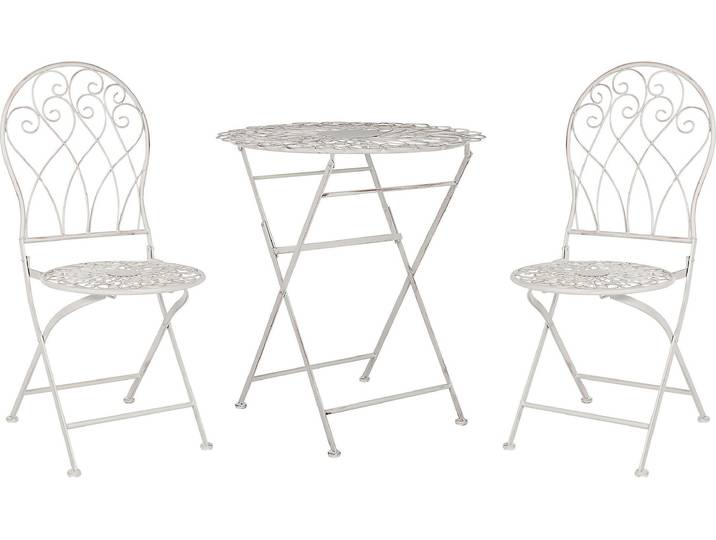 BELIANI Balkonset Cremeweiß Eisen 3-teilig Runder Tisch mit 2 Stühlen Zusammenklappbar Garten Outdoor Terrasse Ausstattung Möbel