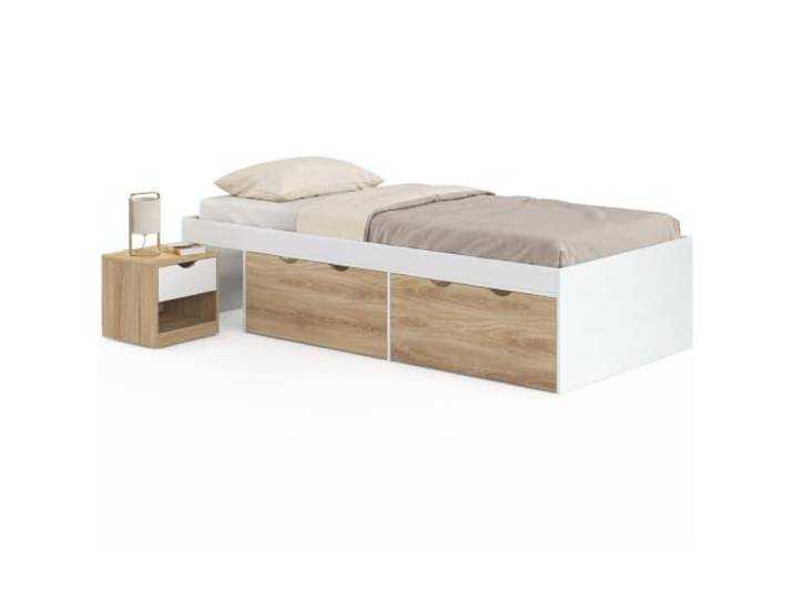 IDMarket - Einzelbett Edouard mit Nachttisch und 2 Schubladen auf Rollen sowie Lattenrost, 90 x 190 cm, weiß und Buche