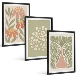BILDER SET 3er Set - 40x60 cm Schwarzer Rahmen - Florale Boho-Muster