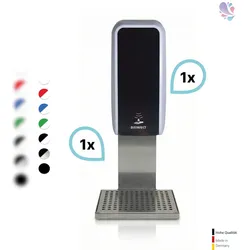 Blanc HYGIENIC SET: Desinfektionsspender SENSOR, berührungslos Blanc Cosmos versch. Farben+Edelstahlhalterung mit Auffangschale : Farbe - Silber / Schwarz