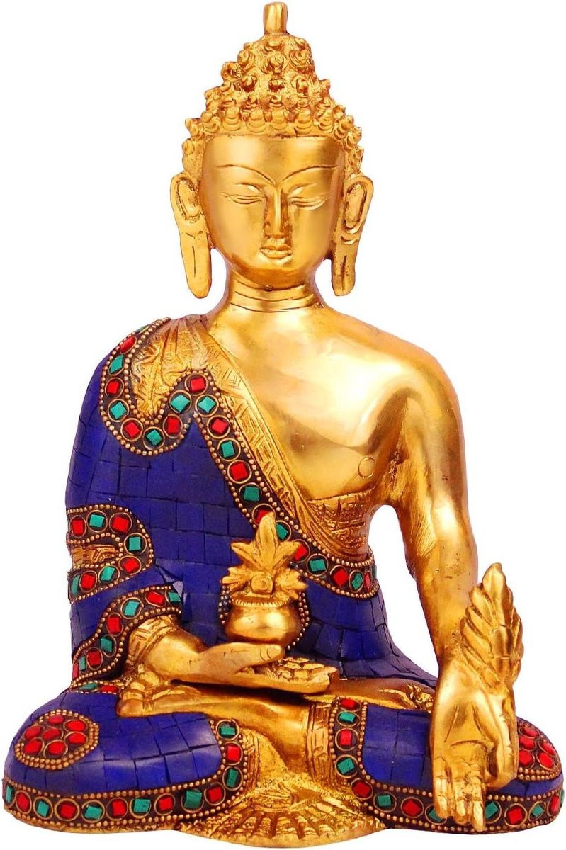 Decoratief Boeddha Beeld van Messing - Veelkleurig - Hoogte: 22 cm
