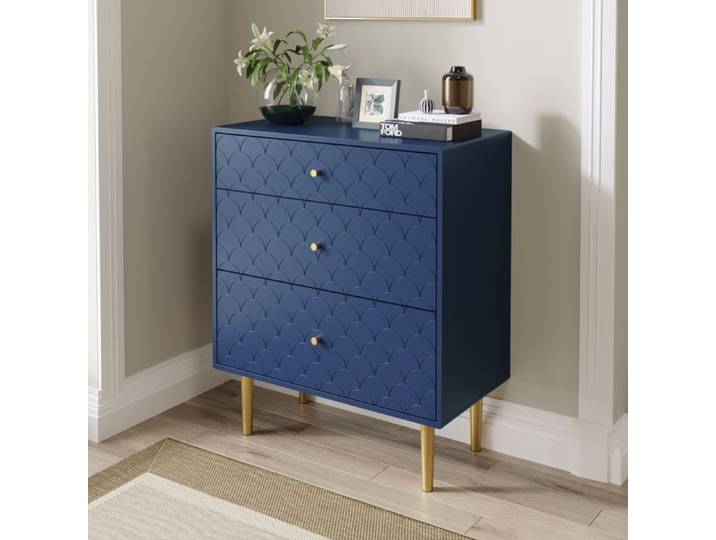 WUVRIE Commode 3 tiroirs bleu marine à motif écailles 75 x 40 x 89 cm pieds métalliques hauts