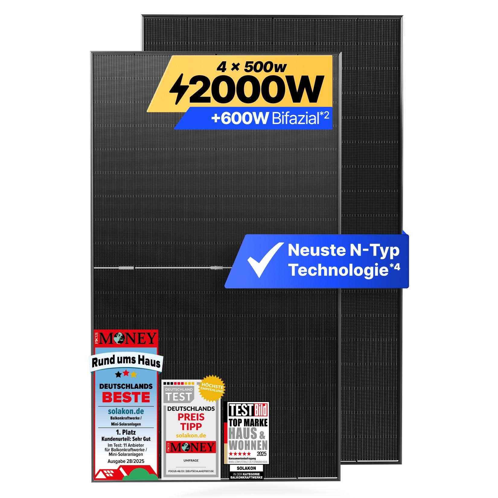 Solakon Solarmodul 500W, N-Type bifaziales monokristallines Glas-Glas Solarpanel, 40v Photovoltaik Solarmodule/Solar Module für Balkonkraftwerk/Solaranlage, Solar Panel für Photovoltaik Komplettanlage (4 Stk)