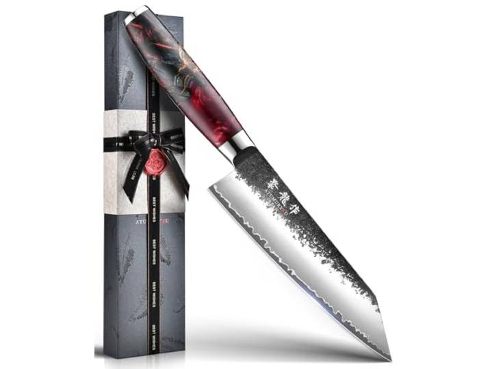Atumuryou Handgeschmiedetes Japanisches Kochmesser 18cm, Kiritsuke Messer San-Mai Edelstahl, Kurouchi Schmiede-Finish, präziser Push-Schnitt, Klingenführung, Resin-Holzgriff, Premium Geschenkbox