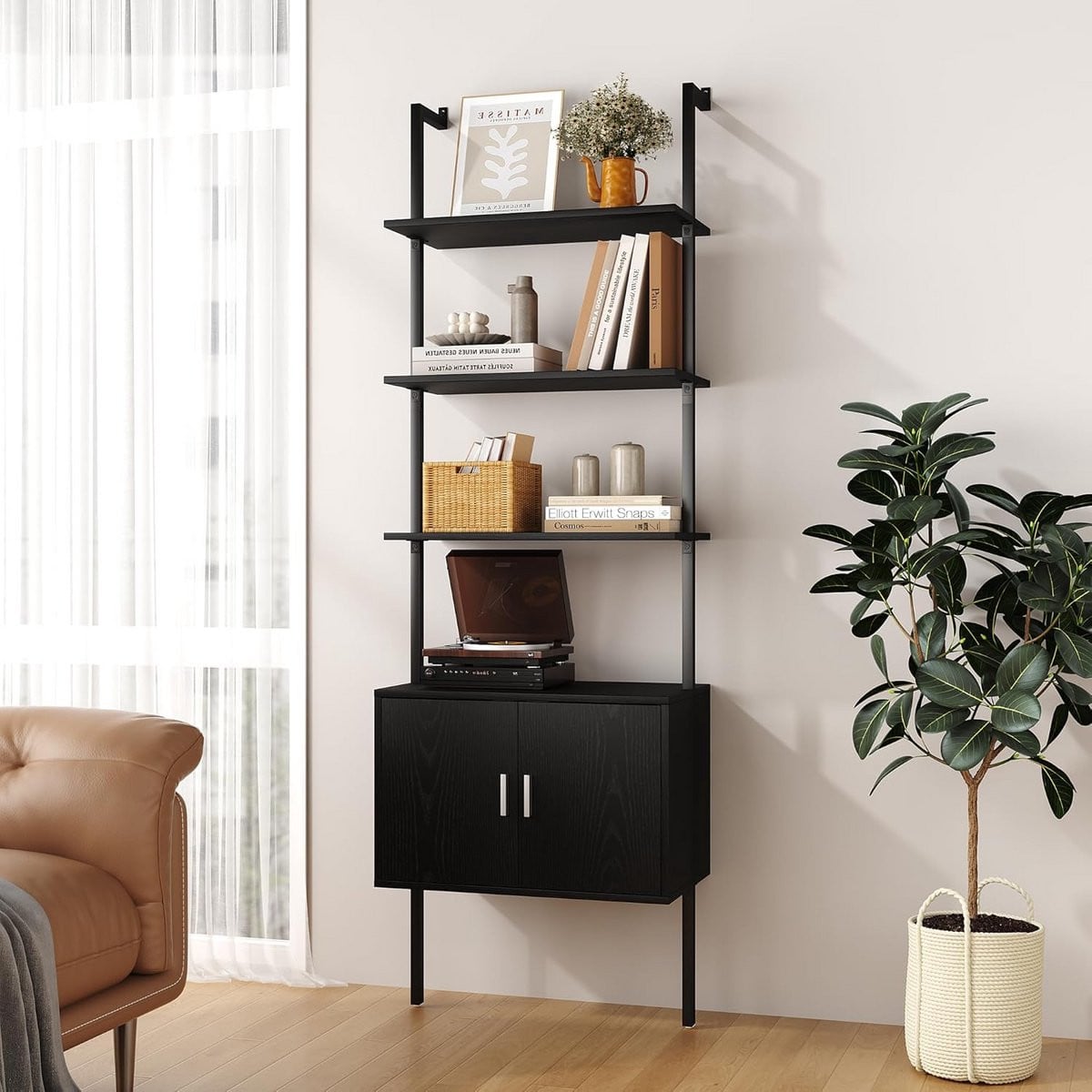 Wandgemonteerde ladder boekenplank met kast voor de woonkamer of slaapkamer, Hoogte: 185,4 cm
