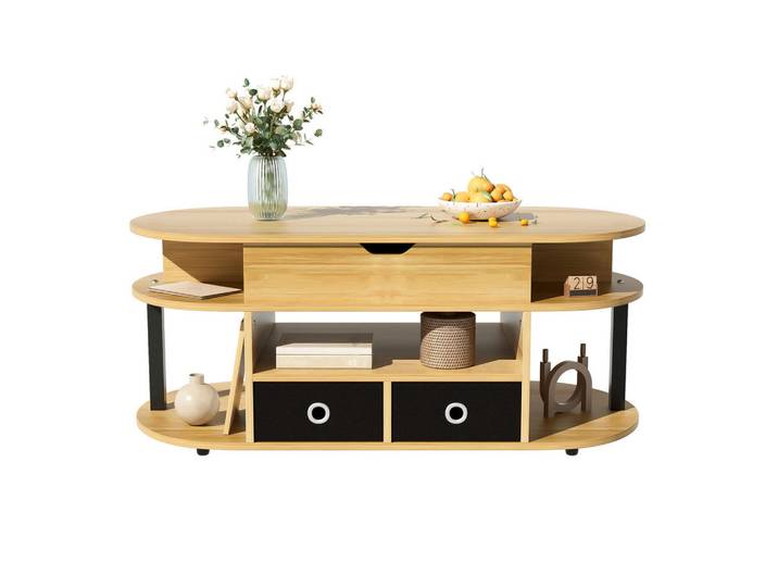 Flieks Couchtisch Holzmaserung Hebefunktion Stauraum Stoffschubladen Vielseitig Büro, Schwarz, 59.49x15.98x115.49 cm, Wohnzimmer, Wohnzimmertische, Couchtische