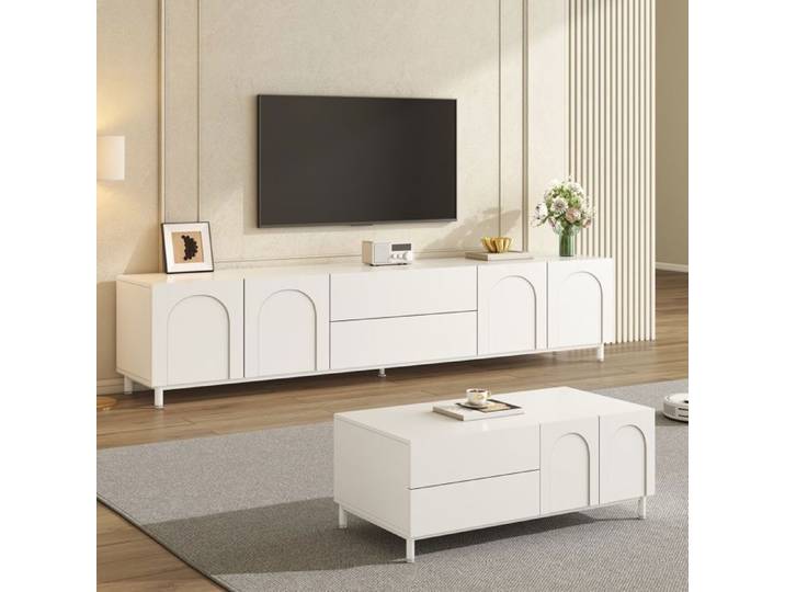 Ensemble TV + table basse blanc - portes arc tiroirs pieds acier rangement design moderne harmonieux salon
