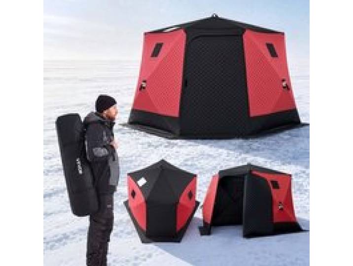 VEVOR Eisangelzelt Eisfischerzelt 6-8 Personen 3,3x3,3x2 m Zelt Isoliert, Eisschutzzelt für Winterfischen, 6,75 m² Fläche, 600D 4-Lagiges Gewebe, Hub-Style-Zelt mit Ankern, Seilen, Tragetasche, Rot