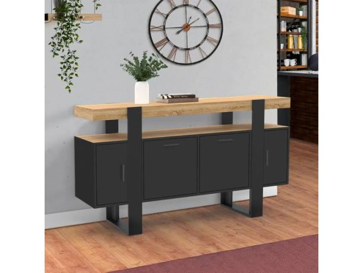 ID MARKET buffet PHOENIX 4 portes 140 cm Loft bois et noir