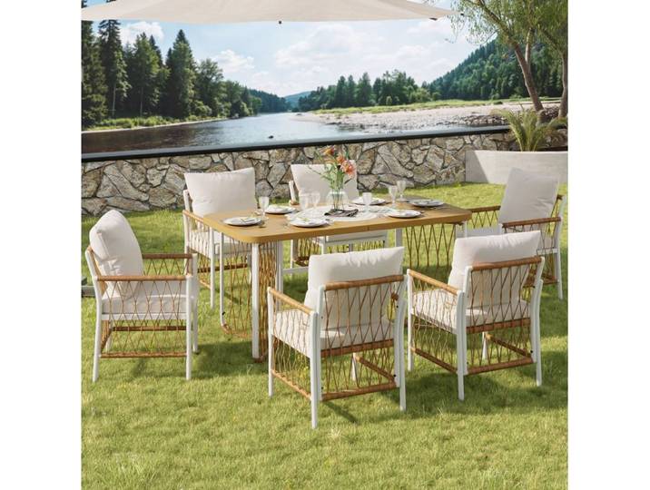 COVREO ensemble table et chaises de jardin 1 table 6 chaises avec coussins métal blanc et résine tressée