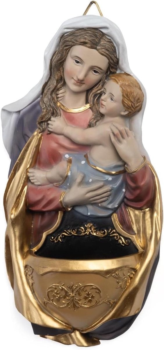 Religieus beeld Madonna met kind wanddecoratie multicolor met goudkleurige accenten, Hoogte: 185 cm