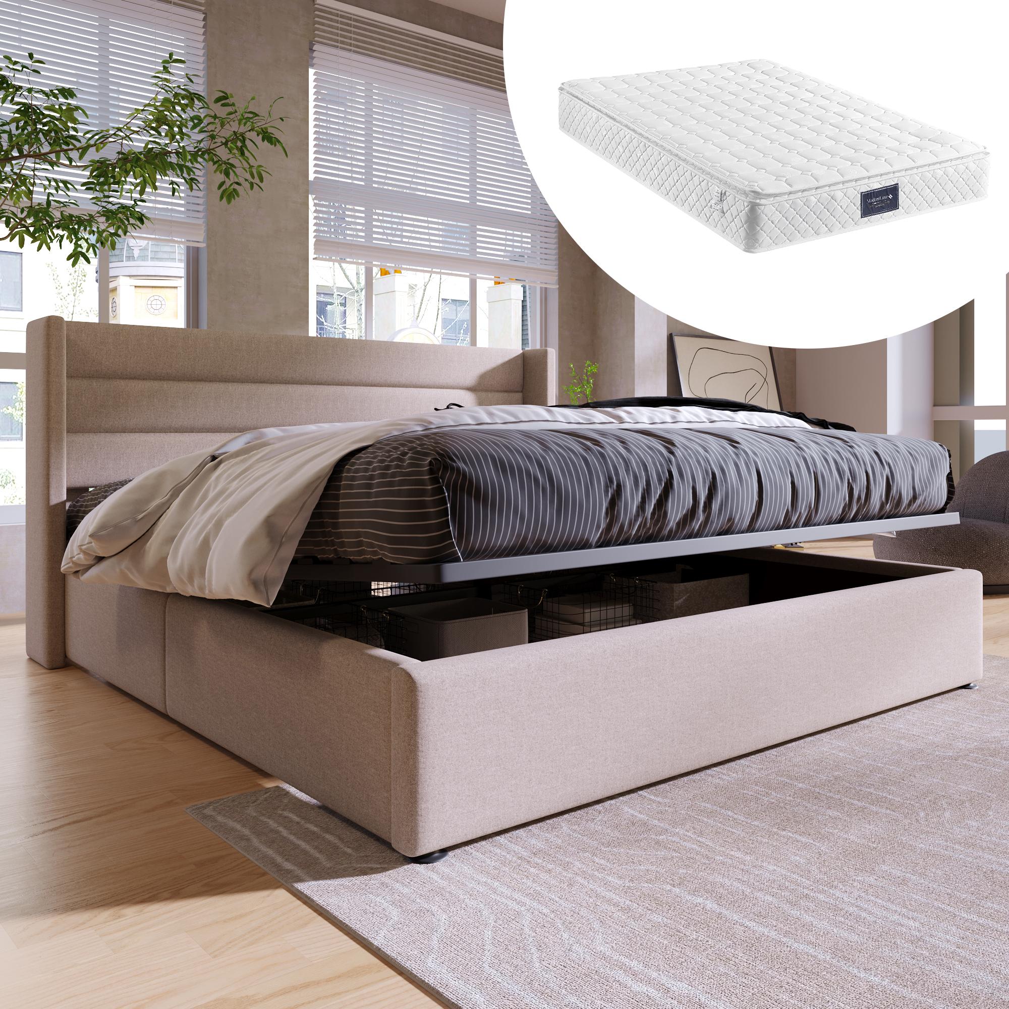 Stauraumbett Polsterbett Hydraulisch Doppelbett 140x200cm, Inklusive Matratze, Lattenrost aus Holz, Bett mit Lattenrost aus Metallrahmen, Leinen