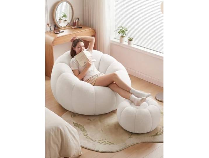 Übergroßer Couchstuhl in Kürbisform mit Fußhocker, riesiges Sitzsacksofa für Teenager und Kinder, bequemer, gemütlicher Loungesessel Wohnheim, Wohnung, Wohnzimmer, Schlafzimmer, gemütliche Wei