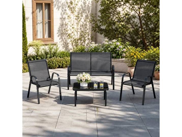 Ensemble mobilier terrasse 4 pièces - PAGE LIVING - Set conversation - Gris - Cadre acier anti-corrosion - Table verre trempé