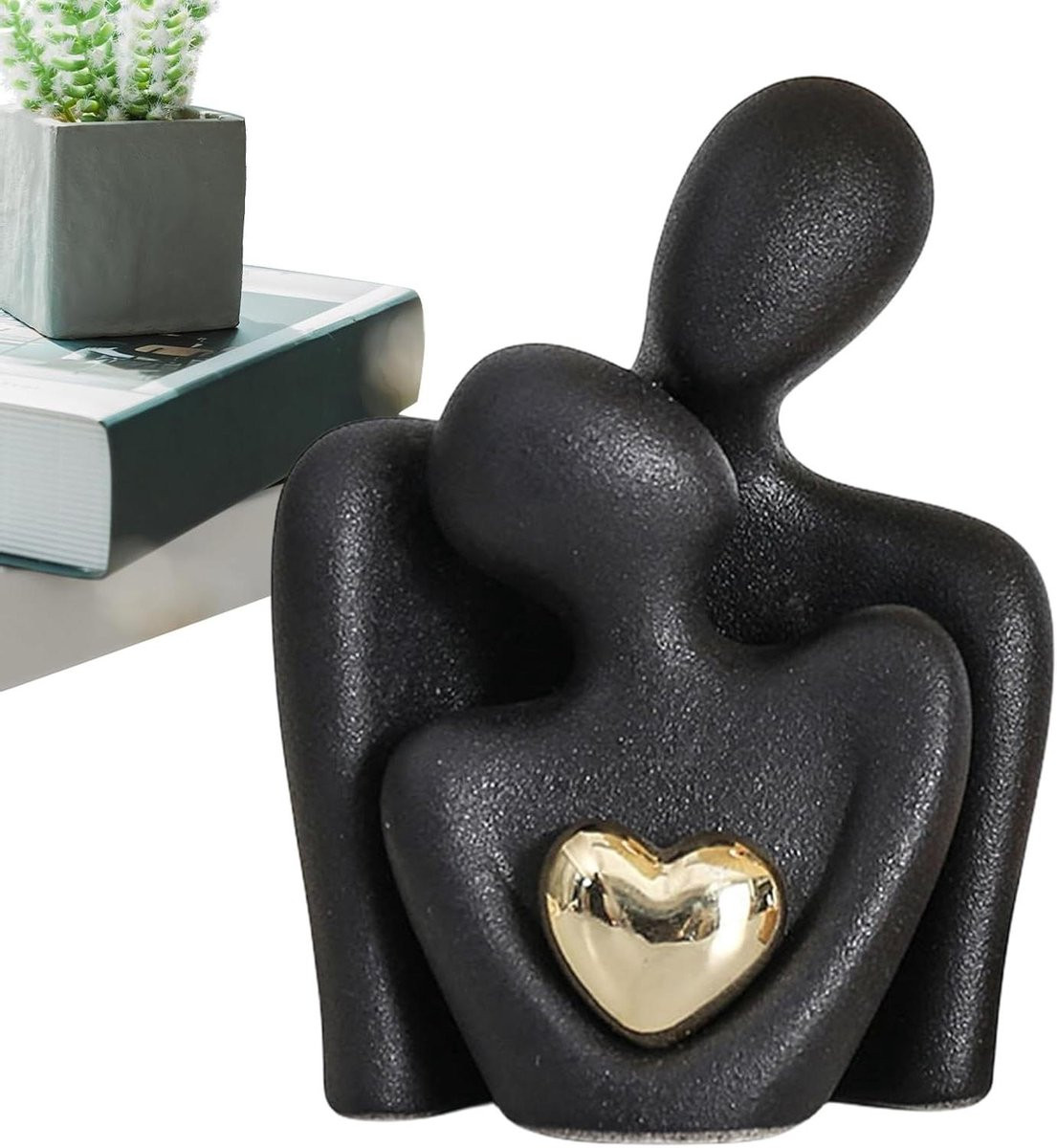 Zwart Keramisch Koppel Beeldje - Romantische Sculptuur voor op Tafel
