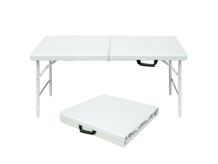 Table pliante portable 125 cm hauteur réglable avec poignée blanche charge 150 kg intérieur et extérieur