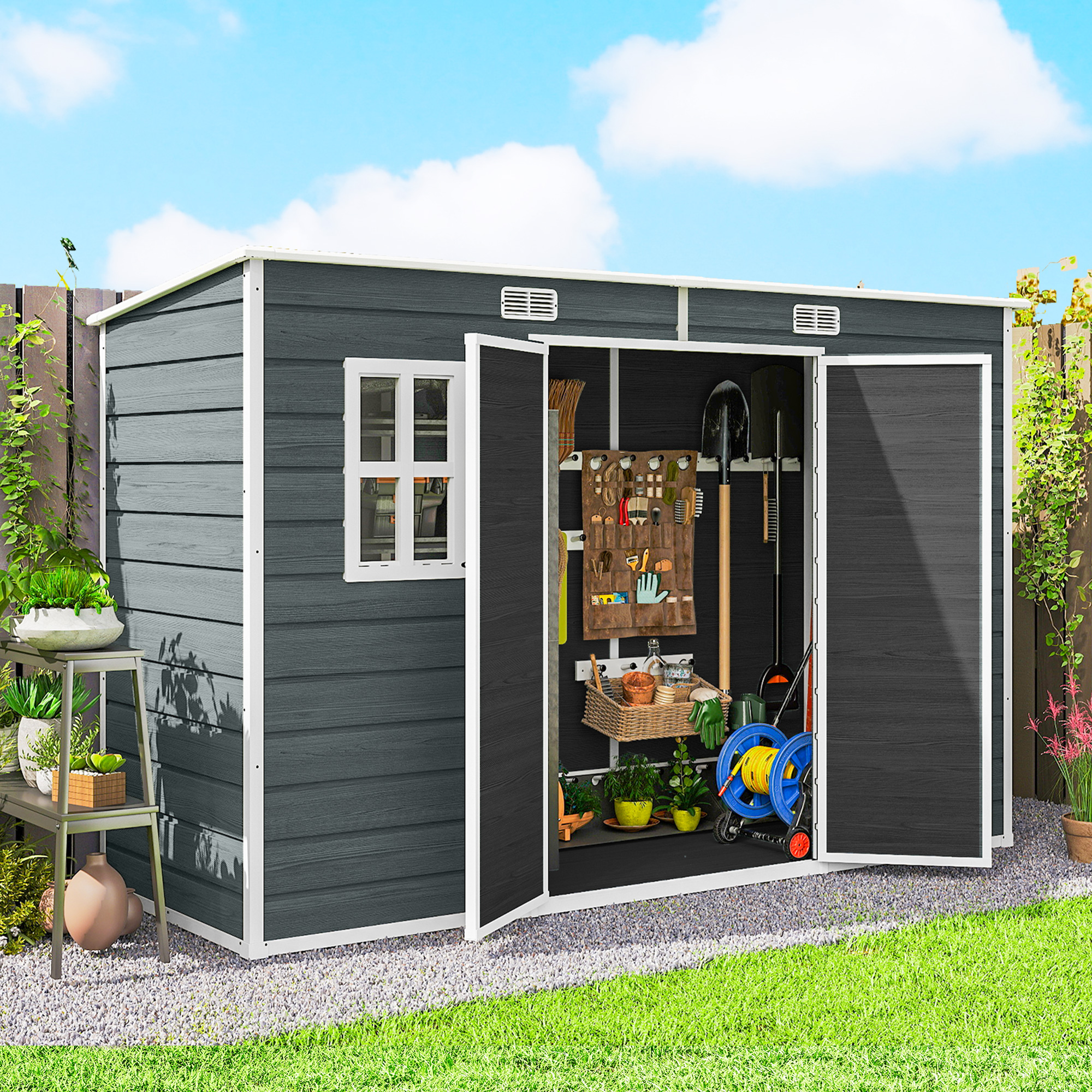 Outsunny Capanno attrezzi 3,2m², Capanno con tetto a falda, 303x123x197cm con finestra Chiudibile a chiave Porta Apertura di ventilazione Pavimento   Aosom Italy