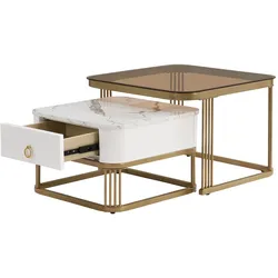 Stapelbarer Couchtisch 60x60x42 und 50x50x34 mit Hochglanz-Marmoroptik und Teebraun Glasplatte, goldener Metallrahmen, 2 Schubladen für Stauraum