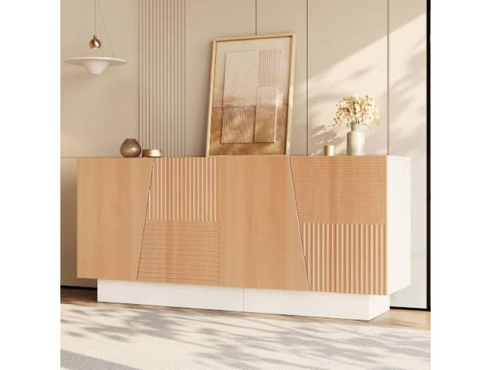 BXEYXE Sideboard,Wohnzimmerschrank,geometrische Rillenstruktur,4 Türen,2 Separate Staurräume,höhenverstellbare Einlegeböden