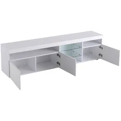 OKWISH TV-Schrank Hochglanz Weiß 180x35x48 cm mit Glaslaminat LED-Beleuchtung 4 Modi Stauraum MDF moderner Wohnzimmerschrank Weiß