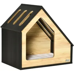 PawHut Hunde-/ Katzenhütte aus Holz mit Kissen mit schrägem Dach 60 x 40 x 59,2 cm