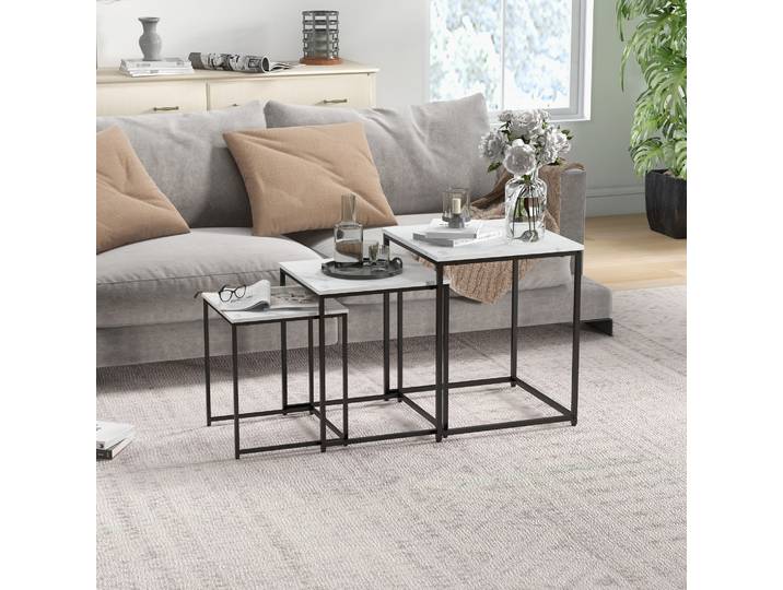 HOMCOM Tables Gigognes 3pcs Acier Noir Marbre Blanc