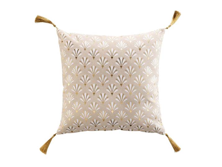 Kissenhülle aus Baumwolle, Kissenbezug mit Muster und Bommel, beige, gold, 40 x 40 cm
