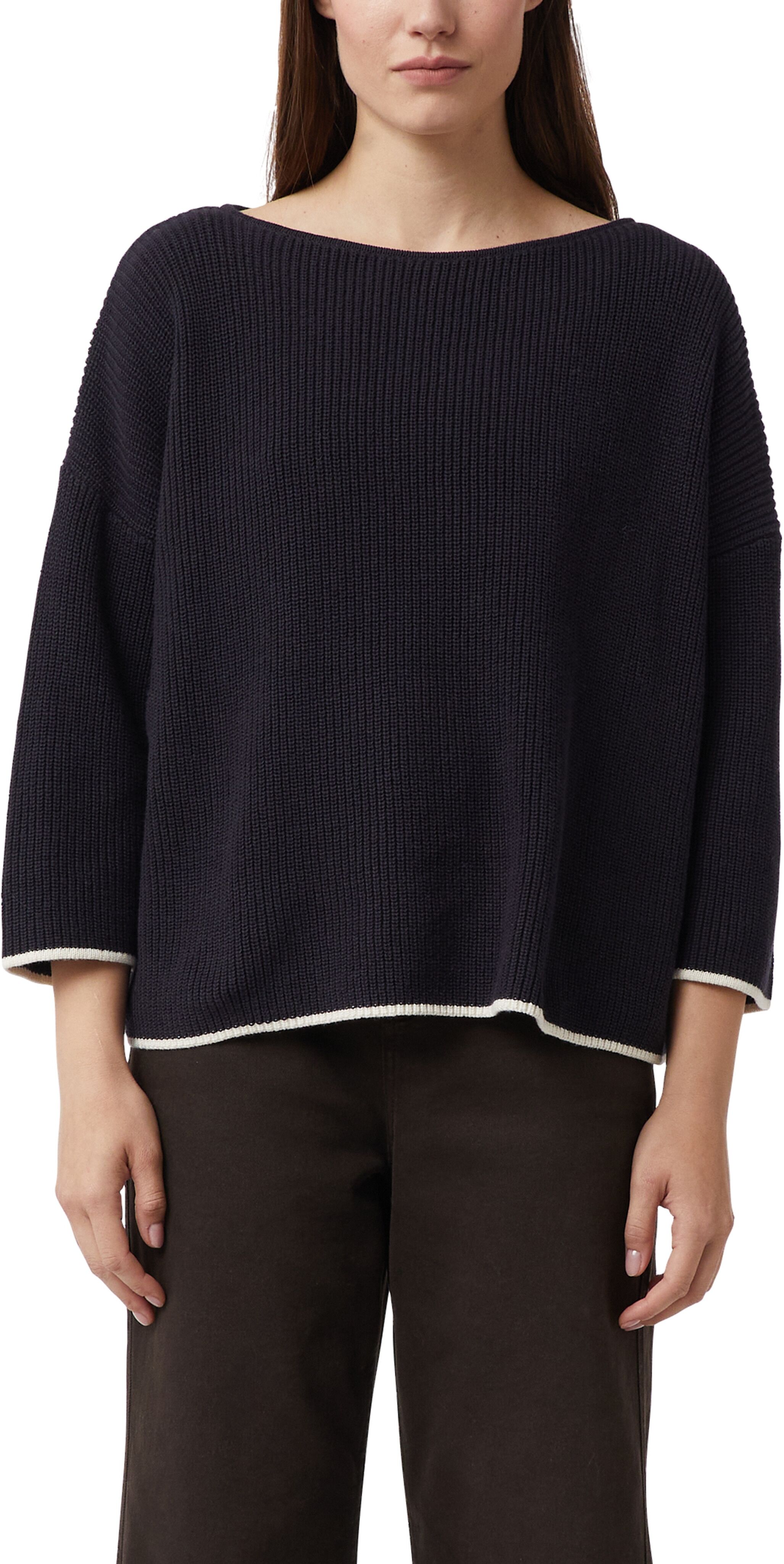 Strickpullover COMMA, Damen, Gr. 34, schwarz (navy), Strick, Obermaterial: 100% Baumwolle, kontrastfarbene Details, unifarben, regular fit normal, U-Boot-Ausschnitt, kontrastfarben, Pullover Strickpullover, mit Kontrast-Details