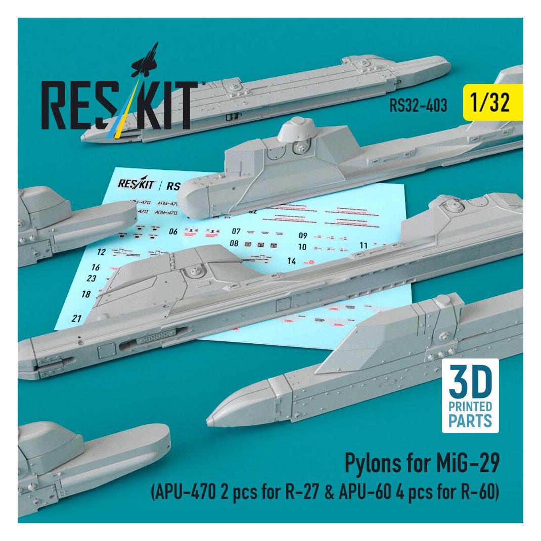 ResKit Pylons for MiG-29 (APU-470 2 pcs for R-27 & APU-60 4 pcs for R-60) (3D Printed) (RS32-0403)