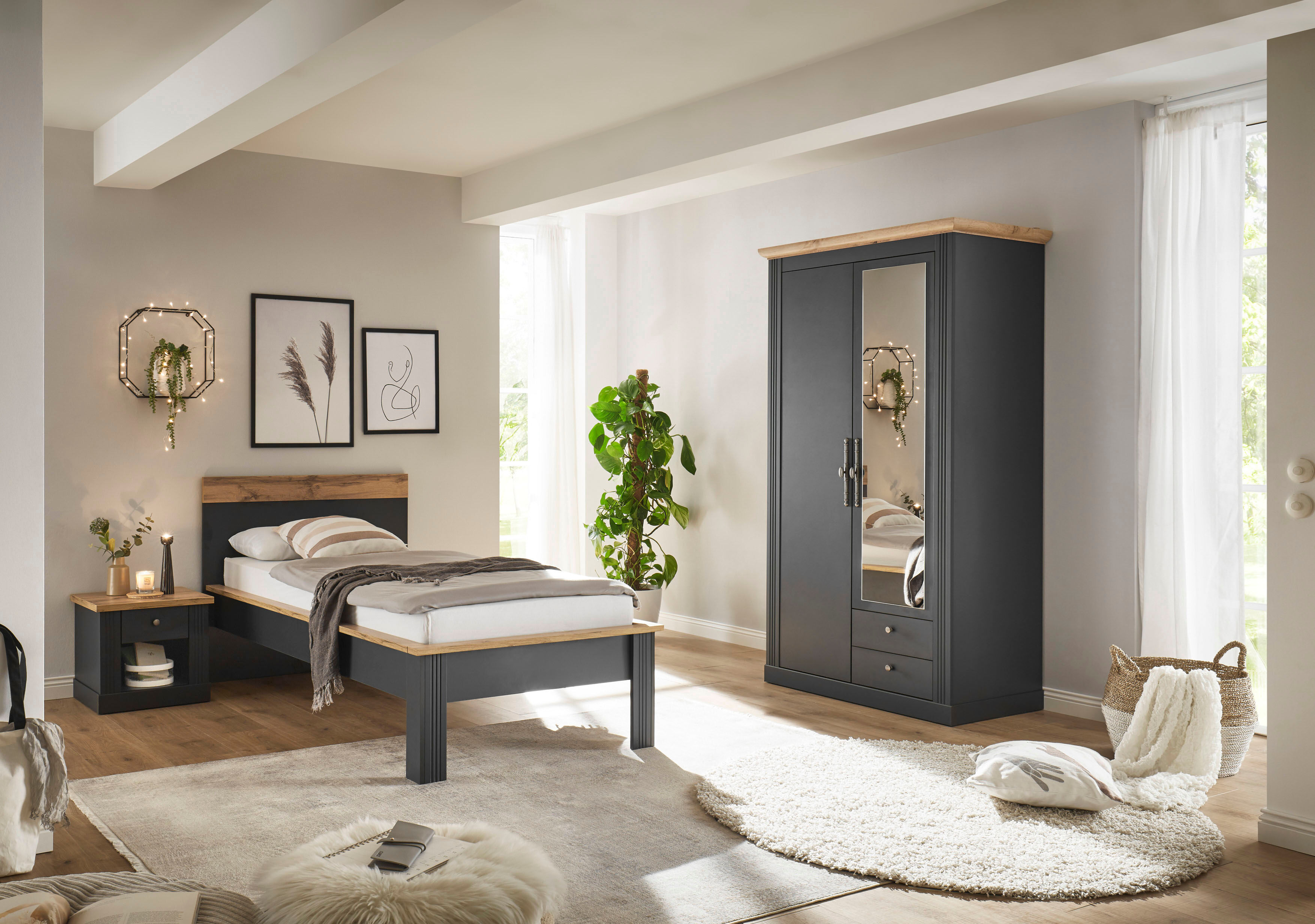 Schlafzimmer-Set OTTO HOME "Westminster", grau, B/H: 90cm x 200cm, Schlafzimmermöbel-Sets, Schlafzimmer-Set, beinhaltet 1 Bett, Kleiderschrank 2-türig und 1 Nachtkommode