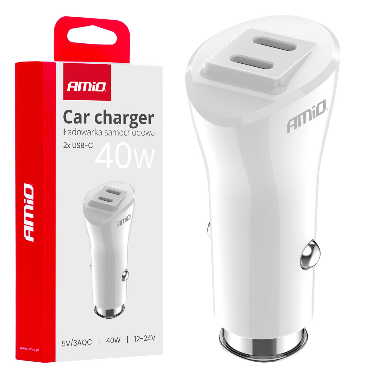 AMiO Autolader met 2x USB-C poorten, 40W snelladen (QC), elegant design