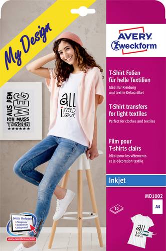 Avery-Zweckform My Design T-Shirt MD1002 Tintenstrahl Textilfolie DIN A4 für helle Textilien, Optimiert für Tintenstrahl 10 Blatt