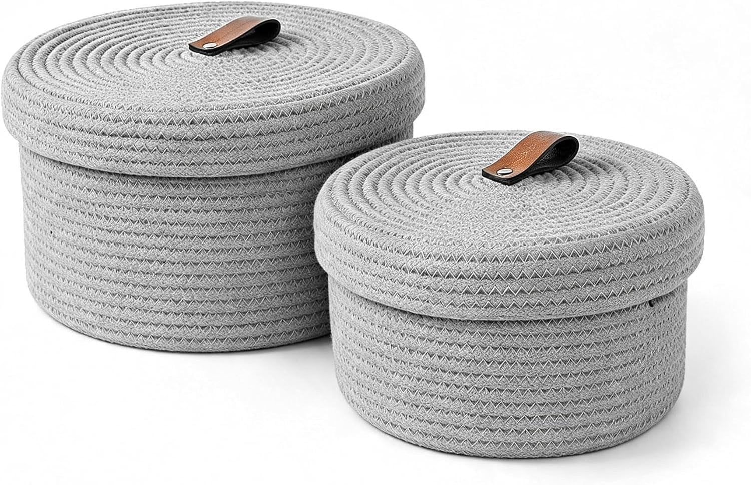 Vemera Opbergmanden met deksel en handvat, gevlochten katoenen draadmand, 28 cm en 23 cm