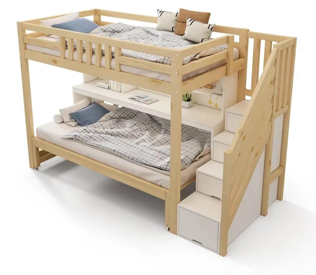 Kinder-Etagenbett - Holzmodell - 90x200/90x190 cm - Ausziehbett auf Rollen - Verschiebbarer Schreibtisch - Treppe mit Stauraum - Weiß-Eiche