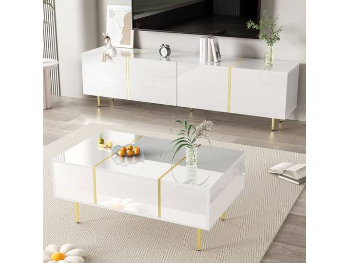 Armoire TV moderne haute brillance blanche et table basse set En MDF L'armoire TV propose quatre portes spacieuses Pour salon