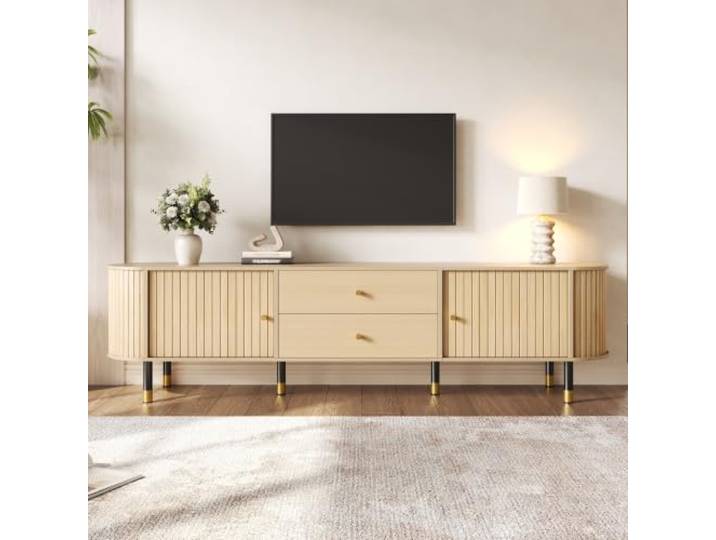 VIIOOIIV TV-Schrank, abgerundete Ecken Lowboard 180 cm lang, Fernsehtisch für Wohnzimmer mit Schublade und Schrank, Natürlich (180 * 40 * 58 cm)
