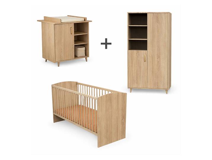 Pack trio bébé avec lit 60x120cm - commode à langer et armoire - SAM - Bois Chêne doré - SAUTHON