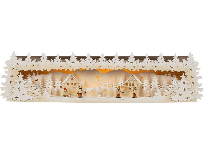 Schwibbogen-Fensterbank SAICO ORIGINAL Premium-Line-Lichterbogenerhöhung, Kinder im Schnee , beige (natur), B:76,5cm H:19cm T:14,5cm, Holz teilmassiv, Schwibbögen, Schwibbogen-Fensterbank, mit Figuren, LED-Stripe, warmweiß, BxHxT: 76,5x19x14,5 cm