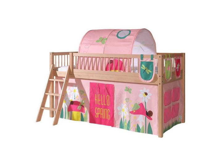 58 aufm Kessel Kinderbett Halbhohes Bett Kelci 90x200 Textilset Spring mit Tunnel Buche massiv (inkl. Versand, Lieferung bis Verwendungsstelle), Florales Stoffdesign mit Tunnel für eine gemütliche Spielhöhle