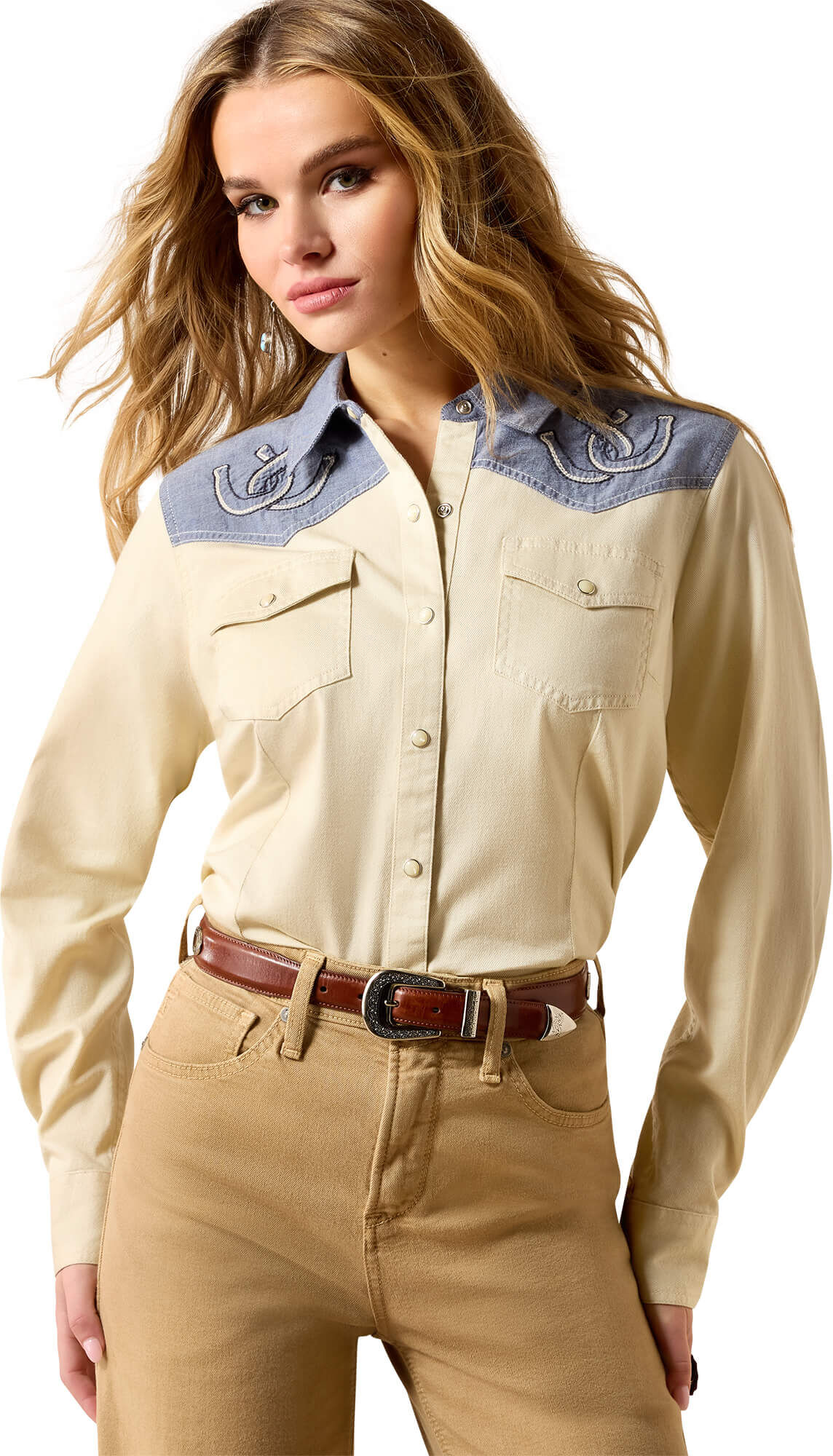 Women's Horseshoe Western Snap Shirt in Summer Sand Chambray, Size: Small by Ariat