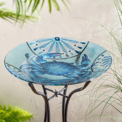 Evergreen 18 in. Blue Crab Glass Birdbath