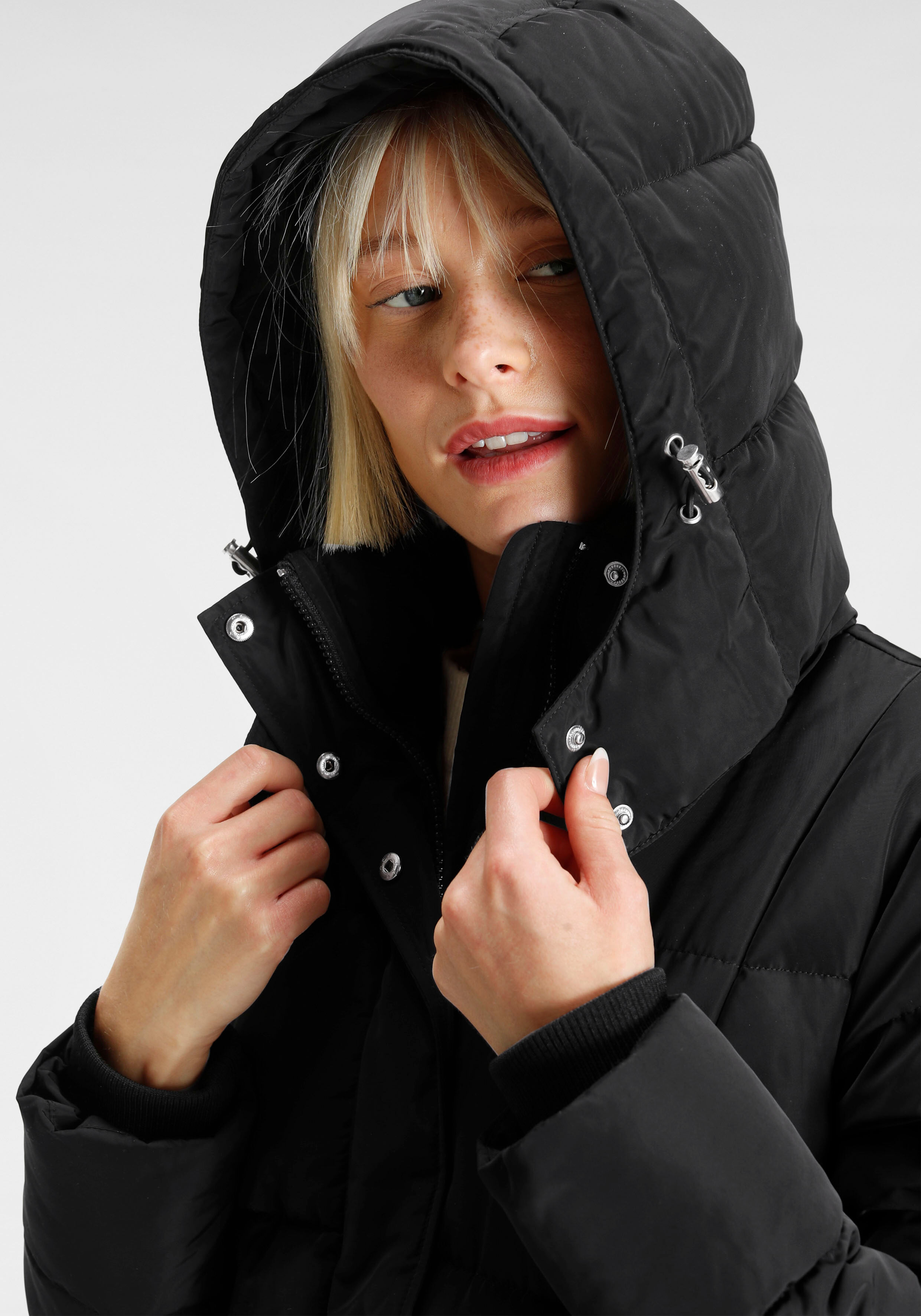 Langmantel ALPENBLITZ "Sapporo", Damen, Gr. 44, schwarz, Web, Obermaterial: 100% Polyester. Futter: 100% Polyester. Wattierung: 100% Polyester, kontrastfarbene Details, unifarben, lässig geschnitten knieumspielend, Rippstrickbündchen, Mäntel Langmantel sc